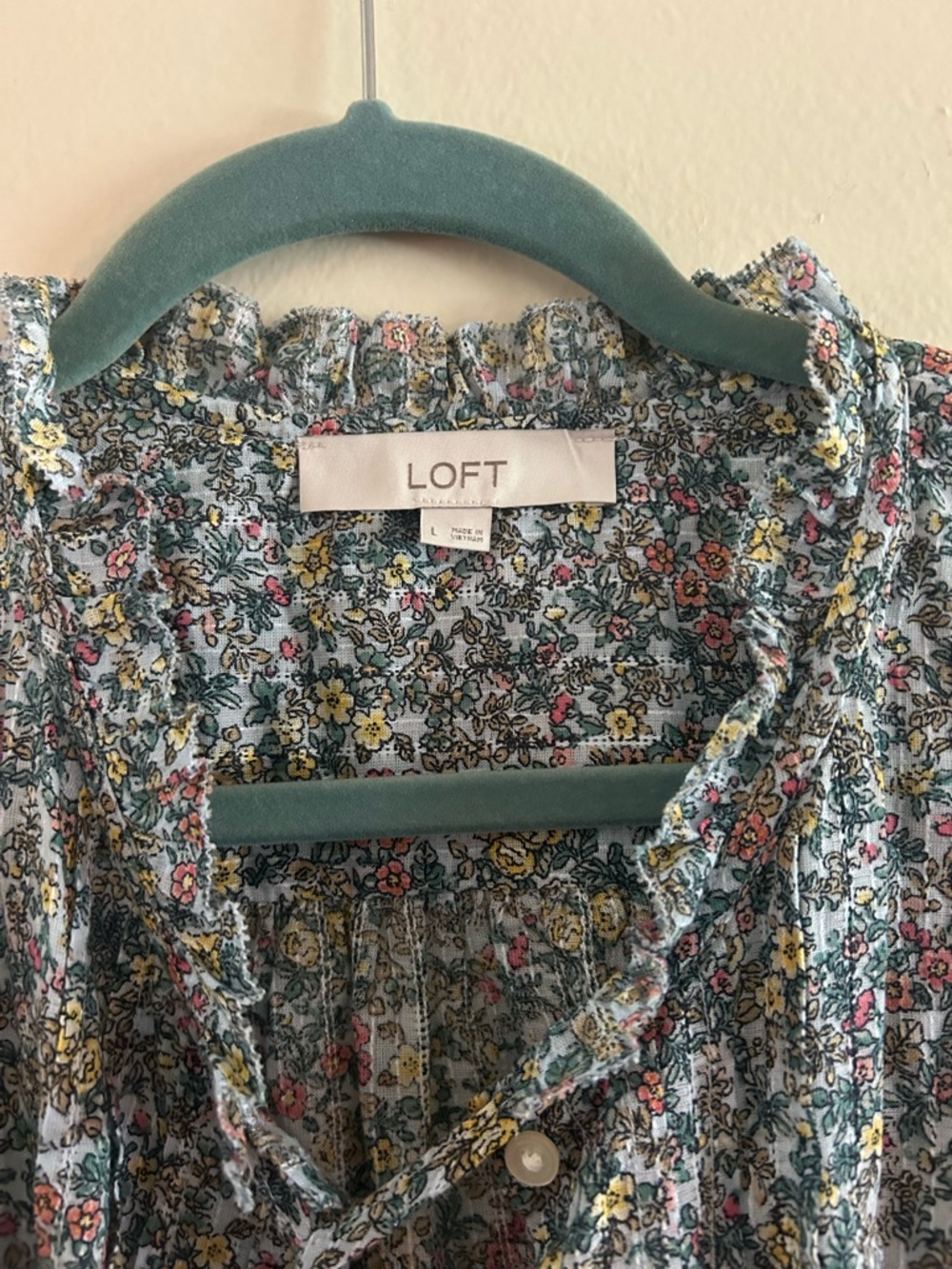 LOFT Floral Ruffle Neck Button-Down Blouse - Picture 2 of 5